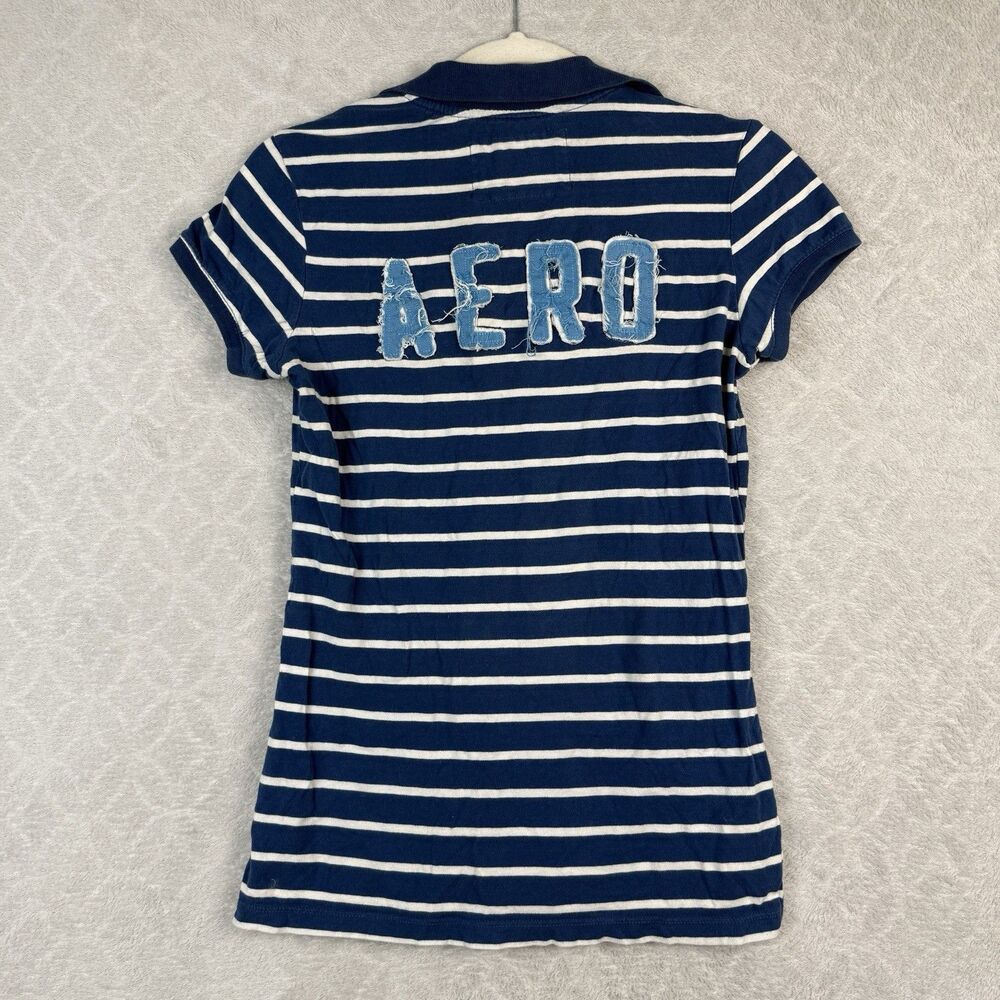 Vtg Y2K Aeropostale Polo Shirt Medium Blue Striped Logo Preppy Mallcore Skater
